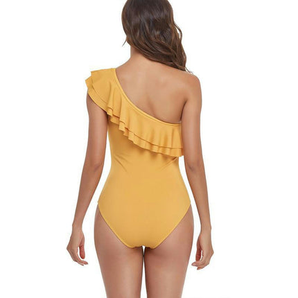 Women Ruffled One Shoulder One Piece Swimsuit Tummy Control  Bathing Suit Monokini Swimwear