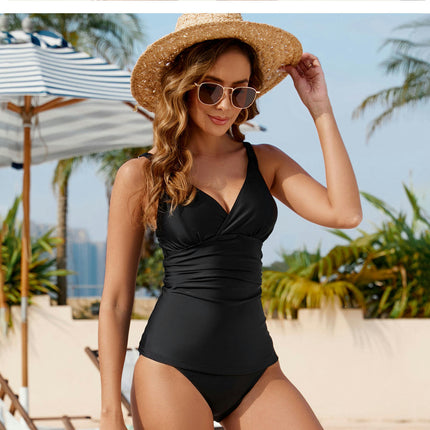 Tankini Swimsuits for Women Tummy Control Ruched Two Piece Bathing Suit V Neck Swimwear