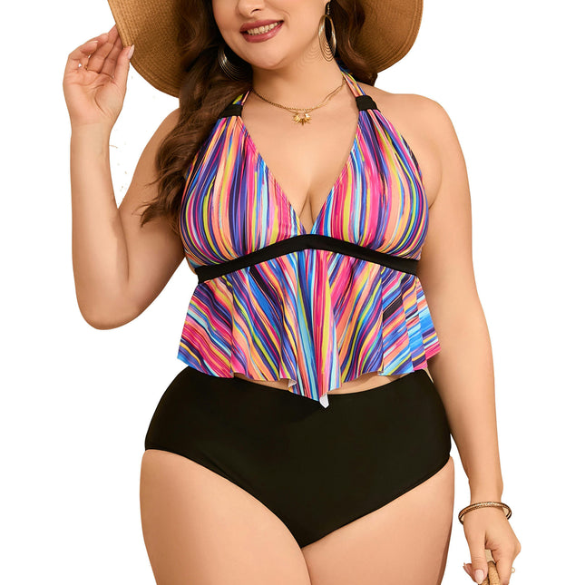 Women Two Piece Plus Size Swimsuit with Shorts Ruffled Tankini High Waisted Bathing Suit