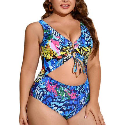 Women's Plus Size One Piece Swimsuit Tummy Control V Neck Cutout Bathing Suit