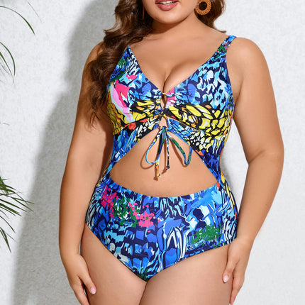 Women's Plus Size One Piece Swimsuit Tummy Control V Neck Cutout Bathing Suit