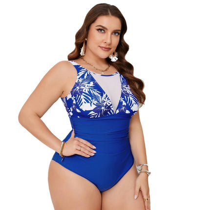 Women Plus Size One Piece Swimsuits Mesh Tummy Control Bathing Suit V Neck Swimwear