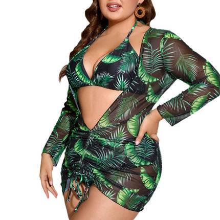 Women's Sexy 3 Piece Swimsuits Halter Bikini Sets with Long Sleeve Cover Up Drawstring Bathing Suit