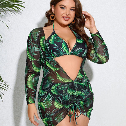 Women's Sexy 3 Piece Swimsuits Halter Bikini Sets with Long Sleeve Cover Up Drawstring Bathing Suit