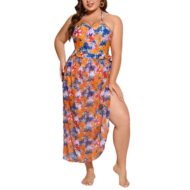 Women's Plus Size Halter One Piece Bathing Suits with Cover Up Skirt 2 Piece Swimsuit Set