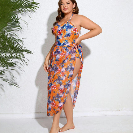 Women's Plus Size Halter One Piece Bathing Suits with Cover Up Skirt 2 Piece Swimsuit Set