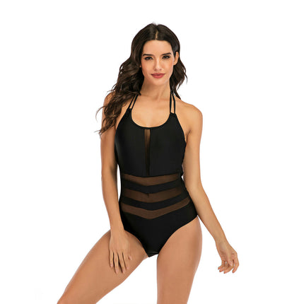 Women's One Piece Swimsuit Halter Tummy Control Swimwear Mesh Bathing Suit