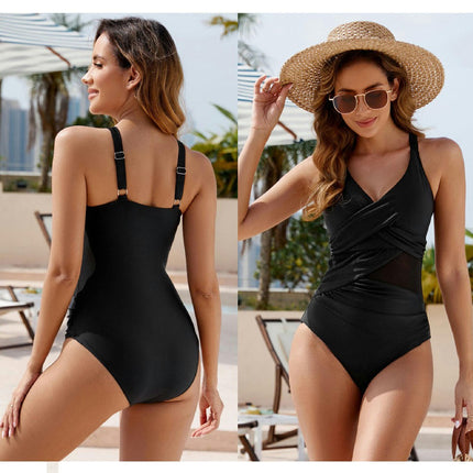 Tummy Control Swimsuits for Women Slimming One Piece Bathing Suit Mesh Push Up V Neck Swimwear