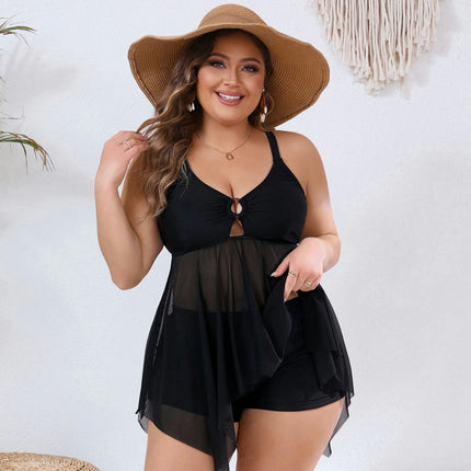 Women's Plus Size Swimsuits Two Piece Tankini Set Mesh Swimdress with Boyshort