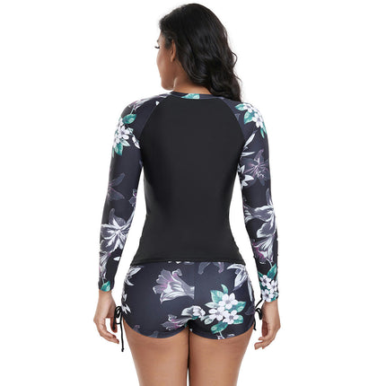 Women Long Sleeve Rash Guard 2 Piece with Boy Shorts Zipper Swimsuit Athletic Bathing Suit