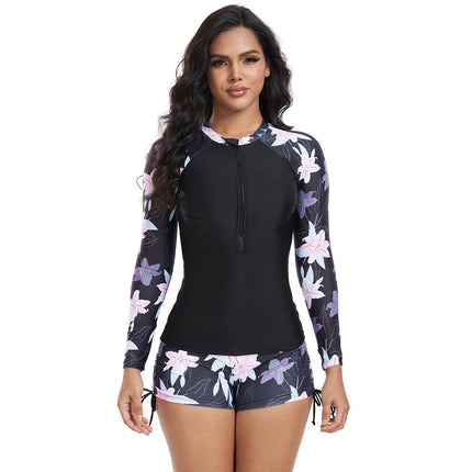 Women Long Sleeve Rash Guard 2 Piece with Boy Shorts Zipper Swimsuit Athletic Bathing Suit