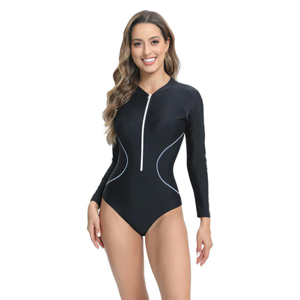 Womens Rash Guard Long Sleeve Zipper One-Piece Swimsuit Surfing Bathing Suit