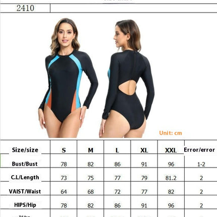 Womens Long Sleeve Rash Guard Zipper Surfing Bathing Suit One Piece Swimsuit