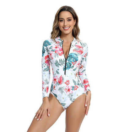 Women's One Piece Swimsuits Long Sleeve Rash Guard Zipper Swimwear Surfing Bathing Suit