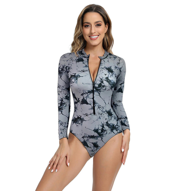 Women's One Piece Swimsuits Long Sleeve Rash Guard Zipper Swimwear Surfing Bathing Suit