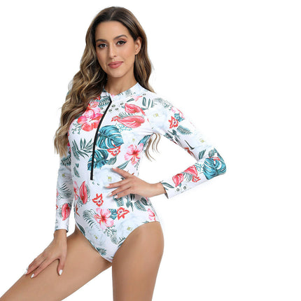 Women's One Piece Swimsuits Long Sleeve Rash Guard Zipper Swimwear Surfing Bathing Suit