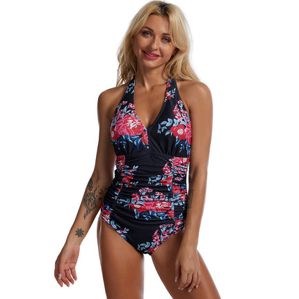 Women's Tummy Control Swimwear Halter One Piece Swimsuit Ruched Push Up Bathing Suit