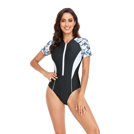 Womens Short Sleeve One Piece Swimsuit Zipper Bathing Suit Surfing Swimwear