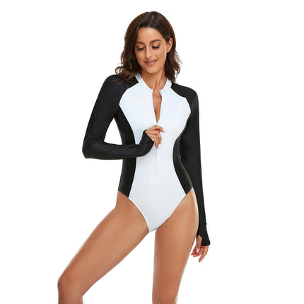 Women's One Piece Swimsuits Long Sleeve Swimwear Rash Guard Zipper Surfing Bathing Suit