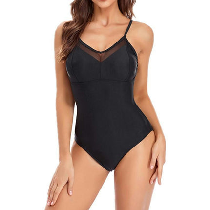 Women's One Piece Swimsuit V Neck Tummy Control Bathing Suit Mesh Swimwear