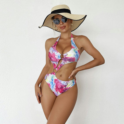 Women's O-Ring Cutout Halter Swimwear One Piece Swimsuit High Cut Bathing Suit