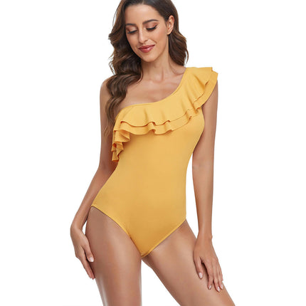 Women One Piece One Shoulder Swimsuit Ruffled Bathing Suit Tummy Control Swimwear