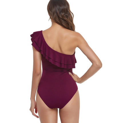 Women One Piece One Shoulder Swimsuit Ruffled Bathing Suit Tummy Control Swimwear