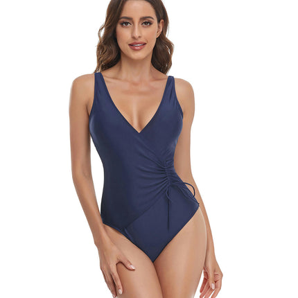 Women's One Piece Swimsuit V Neck Bathing Suit Drawstring Ruched Swimwear