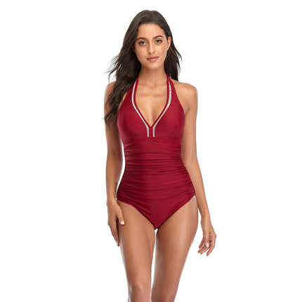 Women Tummy Control One Piece Swimsuits V Neck Ruched Bathing Suits Halter Swimwear