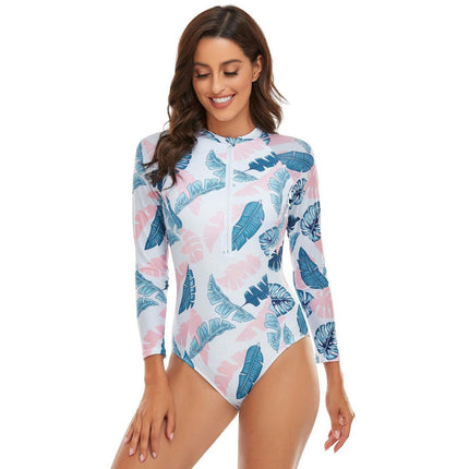 Women's One Piece Rash Guard Swimsuit Zipper Long Sleeves Surfing Bathing Suit