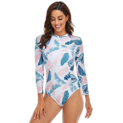 Women's One Piece Rash Guard Swimsuit Zipper Long Sleeves Surfing Bathing Suit