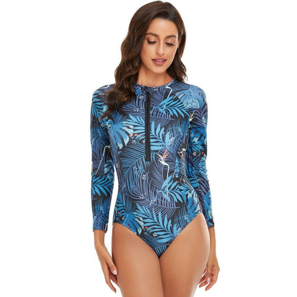 Women's One Piece Rash Guard Swimsuit Zipper Long Sleeves Surfing Bathing Suit