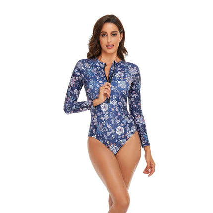 Women's One Piece Rash Guard Swimsuit Zipper Long Sleeves Surfing Bathing Suit