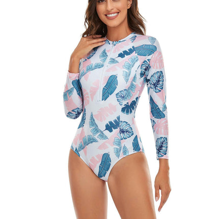 Women's One Piece Rash Guard Swimsuit Zipper Long Sleeves Surfing Bathing Suit