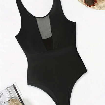 Women One Piece Swimsuit Sexy V Neck Mesh Tummy Control Bathing Suit