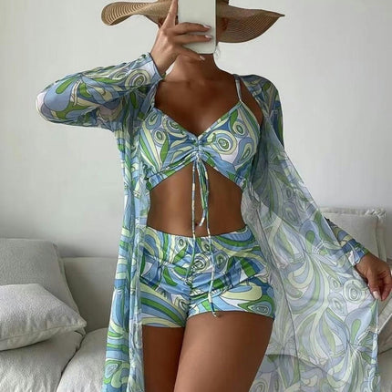 Womens 3 Pieces Bikini Set Swimsuit Beach Kimono Cover up Bathing Suit with Boy Shorts