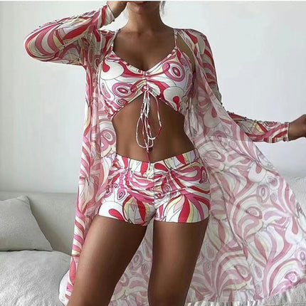 Womens 3 Pieces Bikini Set Swimsuit Beach Kimono Cover up Bathing Suit with Boy Shorts