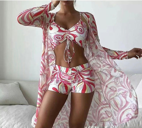 Womens 3 Pieces Bikini Set Swimsuit Beach Kimono Cover up Bathing Suit with Boy Shorts