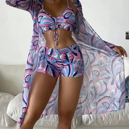 Womens 3 Pieces Bikini Set Swimsuit Beach Kimono Cover up Bathing Suit with Boy Shorts