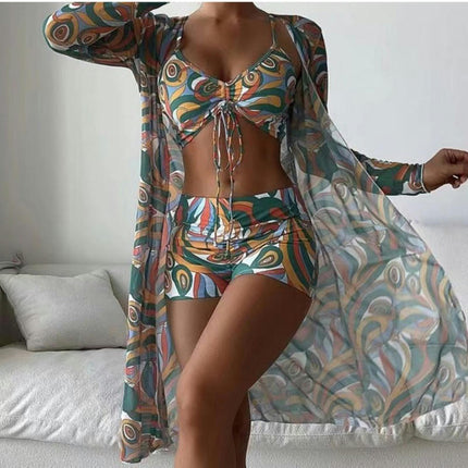 Womens 3 Pieces Bikini Set Swimsuit Beach Kimono Cover up Bathing Suit with Boy Shorts