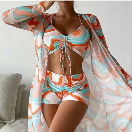 Womens 3 Pieces Bikini Set Swimsuit Beach Kimono Cover up Bathing Suit with Boy Shorts