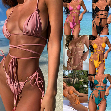 Women's Two Piece Spaghetti Strap Bathing Suit Tie Side Triangle Swimsuit Bikini Set