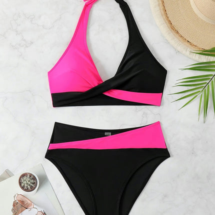 Women's Two Piece Halter V Neck Bikini Swimsuits Set Mid-Waisted Bathing Suits