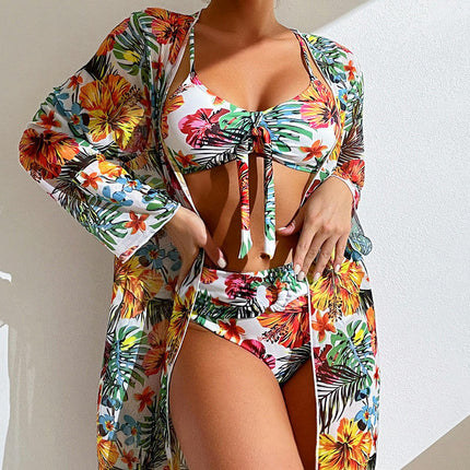 Women's 3 Piece Bathing Suits Sets High Waisted Bikini Swimsuit with Kimono Cover Up