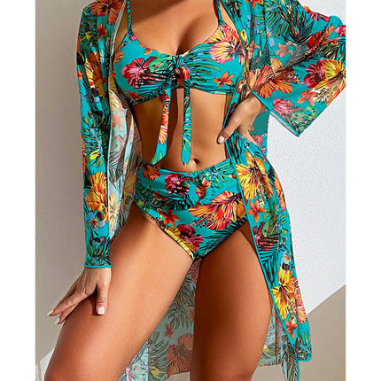 Women's 3 Piece Bathing Suits Sets High Waisted Bikini Swimsuit with Kimono Cover Up