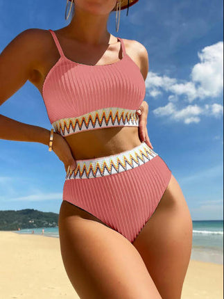 Women High Waisted Bikini Sets Swimsuits Color Block 2 Piece Spaghetti Strap Bathing Suit