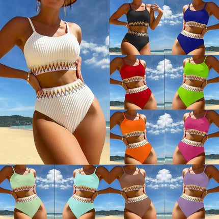 Women High Waisted Bikini Sets Swimsuits Color Block 2 Piece Spaghetti Strap Bathing Suit