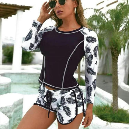 Women Two Piece Rash Guard Long Sleeve Bathing Suit Print Swim Shirt with Boyshorts