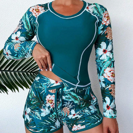 Women Two Piece Rash Guard Long Sleeve Bathing Suit Print Swim Shirt with Boyshorts