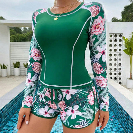 Women Two Piece Rash Guard Long Sleeve Bathing Suit Print Swim Shirt with Boyshorts